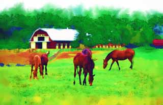 Illust, materieel, vrij, landschap, schilderstuk, schilderstuk, kleuren potlood, crayon, werkje,Het bestaan van ht thoroughbred, De manen, Ik het krijg, Foal, Paard snellend