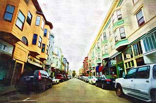 Illust, materieel, vrij, landschap, schilderstuk, schilderstuk, kleuren potlood, crayon, werkje,Volgens San Francisco, Helling, Auto, Erkerraam, Rij van huizen mee een stad straat