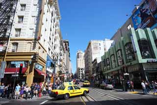 Foto, materieel, vrij, landschap, schilderstuk, bevoorraden foto,Volgens San Francisco, Bezoekende touristenplaats, Kabelwagen, Gebouw, Rij van huizen mee een stad straat