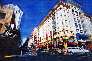 illust, materiale, libero panorama, ritratto dipinto, matita di colore disegna a pastello, disegnando,Secondo San Francisco, Facendo il turista, macchina, costruendo, Fila di case lungo una strada urbana