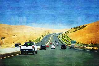 illust, material, livram, paisagem, quadro, pintura, lpis de cor, creiom, puxando,Uma rodovia, rodovia, Asfalto, carro, Deserto