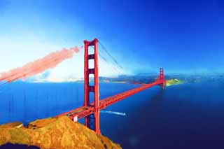 illustration,material,free,landscape,picture,painting,color pencil,crayon,drawing,A Golden Gate Bridge, The Golden Gate Bridge, The straits, sea, tourist attraction