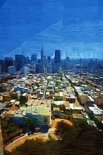 illustration,material,free,landscape,picture,painting,color pencil,crayon,drawing,The sea of San Francisco, high-rise building, Downtown, residential area, slope