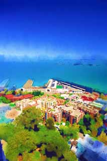 illustration,material,free,landscape,picture,painting,color pencil,crayon,drawing,The sea of San Francisco, port, An island, ship, residential area