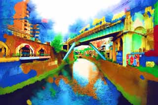 illust, materiale, libero panorama, ritratto dipinto, matita di colore disegna a pastello, disegnando,Shohei fa un ponte su, canale, Akihabara, Giallo, treno