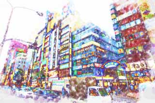 illust, materiale, libero panorama, ritratto dipinto, matita di colore disegna a pastello, disegnando,Kabukicho, Shinjuku, ristorante, cartello, Costumi e dogana, Luminarie
