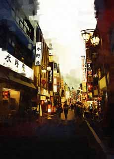 illustration,material,free,landscape,picture,painting,color pencil,crayon,drawing,Kabukicho, Shinjuku, restaurant, signboard, Manners and customs, Illuminations