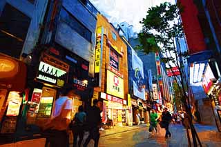 illust, materiale, libero panorama, ritratto dipinto, matita di colore disegna a pastello, disegnando,Secondo Shinjuku, ristorante, cartello, prenda a sassate pavimentazione, Luminarie
