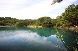 Foto, materiell, befreit, Landschaft, Bild, hat Foto auf Lager,See Bishamon, Wald, Teich, Azurblau blau, Mt. Bandai-san
