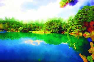 illust, materiale, libero panorama, ritratto dipinto, matita di colore disegna a pastello, disegnando,Lago Bishamon, foresta, stagno, Blu azzurro, Mt. Bandai-san