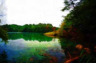 illust, matire, libre, paysage, image, le tableau, crayon de la couleur, colorie, en tirant,Lac Bishamon, fort, tang, Bleu azur, Mt. Bandai-san