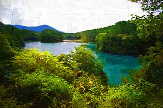 illust, matire, libre, paysage, image, le tableau, crayon de la couleur, colorie, en tirant,Lac Bishamon, fort, tang, Bleu azur, Mt. Bandai-san