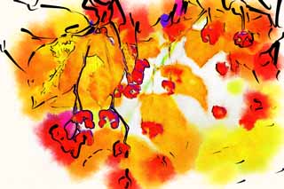 Illust, materieel, vrij, landschap, schilderstuk, schilderstuk, kleuren potlood, crayon, werkje,Een rode vrucht, Woud, Waterplas, Noot, Mt. Bandai-san