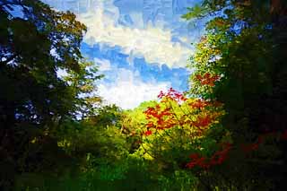 illust, matire, libre, paysage, image, le tableau, crayon de la couleur, colorie, en tirant,Verni des feuilles colores, fort, Lumire du soleil, vernissez l'arbre, Mt. Bandai-san