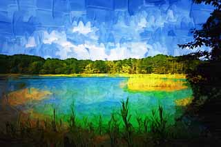 illust, matire, libre, paysage, image, le tableau, crayon de la couleur, colorie, en tirant,Femme de lac de zen-prtre principal, fort, tang, Bleu azur, Mt. Bandai-san