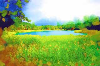 illust, materiale, libero panorama, ritratto dipinto, matita di colore disegna a pastello, disegnando,Moglie di lago di zen-prete principale, foresta, stagno, Blu azzurro, Mt. Bandai-san