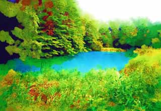 illust, materiale, libero panorama, ritratto dipinto, matita di colore disegna a pastello, disegnando,Aonuma, foresta, stagno, Blu azzurro, Mt. Bandai-san