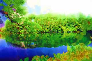 illust, materiale, libero panorama, ritratto dipinto, matita di colore disegna a pastello, disegnando,Yaginuma, foresta, stagno, La superficie dell'acqua, Mt. Bandai-san