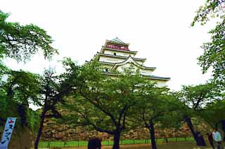 illustration,material,free,landscape,picture,painting,color pencil,crayon,drawing,The young Matsushiro castle tower, moat, Ishigaki, Kurokawa Castle, Ujisato Gamo