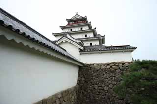 Foto, materieel, vrij, landschap, schilderstuk, bevoorraden foto,De jonge Matsushiro kasteel toren, Moat, Ishigaki, Kurokawa Kasteel, Ujisato Gamo