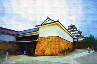 illustration,material,free,landscape,picture,painting,color pencil,crayon,drawing,The young Matsushiro iron gate, moat, Ishigaki, Kurokawa Castle, Ujisato Gamo