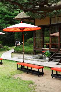 fotografia, material, livra, ajardine, imagine, proveja fotografia,Oyaku-en Garden palcio de barraca de descanso, some guarda-chuva, Edifcio de Japons-estilo, quarto de ch-cerimnia, estao de resto