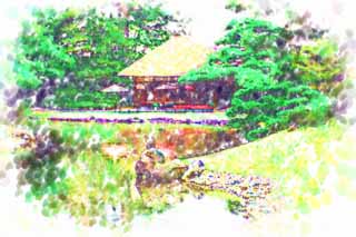 illust, materiale, libero panorama, ritratto dipinto, matita di colore disegna a pastello, disegnando,Oyaku-en Garden palazzo di cabina di riposo, ombrello di somma, Edificio di Giapponese-stile, stanza di t-cerimonia, stazione di resto