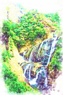 illustration,material,free,landscape,picture,painting,color pencil,crayon,drawing,A waterfall of Fukuroda, westing Buddhist priest, Takikawa, Kuji River, Komon Mito