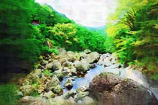 illust, material, livram, paisagem, quadro, pintura, lpis de cor, creiom, puxando,O rio da cachoeira de Fukuroda, pedra enorme, Takikawa, Rio de Kuji, fluxo
