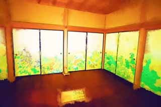 illust, material, livram, paisagem, quadro, pintura, lpis de cor, creiom, puxando,Kairaku-en Garden pavilho de Yoshifumi, fusuma imaginam, crisntemo, quadro, 