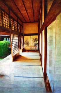 illustration,material,free,landscape,picture,painting,color pencil,crayon,drawing,Kairaku-en Garden Yoshifumi bower, corridor, tatami mat, fusuma picture, shoji