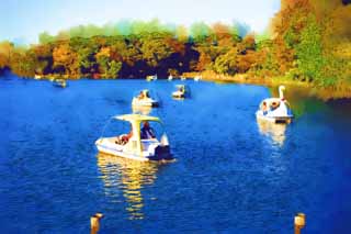 illust, materiale, libero panorama, ritratto dipinto, matita di colore disegna a pastello, disegnando,Senzoku stagna, gironzoli barca, Alteri un piede; una barca, La superficie dell'acqua, stagno
