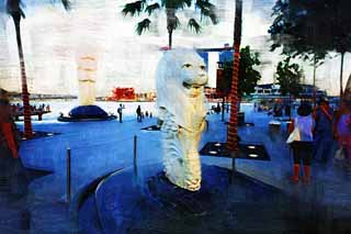 illust, materiale, libero panorama, ritratto dipinto, matita di colore disegna a pastello, disegnando,Piccolo Merlion, Singapure, Merlion parcheggia, sirena, 
