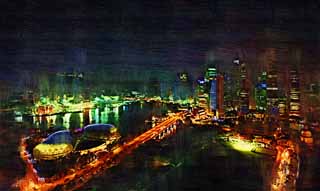 illustration,material,free,landscape,picture,painting,color pencil,crayon,drawing,A Singaporean city, I light it up, skyscraper, city, CBD