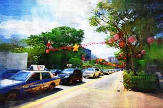 illustration,material,free,landscape,picture,painting,color pencil,crayon,drawing,An orchard road, car, Christmas, roadside tree, The tropical zone