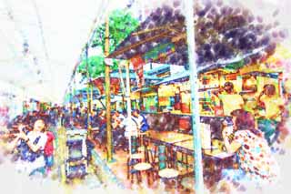 illustration,material,free,landscape,picture,painting,color pencil,crayon,drawing,Chinatown, table, restaurant, An arcade, shopping district