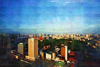 illust, materiale, libero panorama, ritratto dipinto, matita di colore disegna a pastello, disegnando,Il lo spuntar del giorno di Singaporean, Grattacieli, Il sole di mattina, Mattina quieta, cielo blu