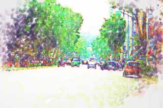 illust, material, livram, paisagem, quadro, pintura, lpis de cor, creiom, puxando,De acordo com Cingapura, carro, edifcio de edifcio alto, rvore  margem de estrada, A zona tropical