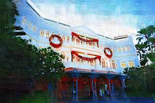 Illust, materieel, vrij, landschap, schilderstuk, schilderstuk, kleuren potlood, crayon, werkje,Verlotingen hotel, Koloniaal hotel, Koloniaale trant, Singapore mitella, Singapore hotel