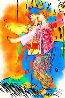 illust, materiale, libero panorama, ritratto dipinto, matita di colore disegna a pastello, disegnando,Un ballo malese, donna, ballo, Ballo di Malaysia, Costume di popolo