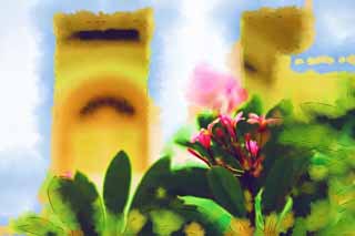 illustration,material,free,landscape,picture,painting,color pencil,crayon,drawing,A pink frangipani, Islam, temple, Religion, I am pretty