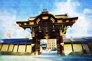 illustration,material,free,landscape,picture,painting,color pencil,crayon,drawing,The west Honganji Amitabha hall gate, Honganji, Chaitya, The gate, garden lantern