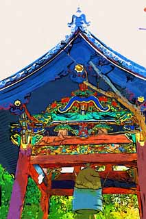 illust, matire, libre, paysage, image, le tableau, crayon de la couleur, colorie, en tirant,Tour de cloche Honganji ouest, Honganji, Chaitya, cloche de temple, Dcor