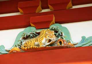 photo,material,free,landscape,picture,stock photo,Creative Commons,Hachiman-gu Shrine tiger, tiger, , I am painted in red, carved wooden panel above paper sliding door