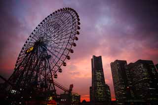fotografia, material, livra, ajardine, imagine, proveja fotografia,Yokohama Minato Mirai 21, torre de marco, Ferris roda, Um parque de diverses, cidade modelo futura
