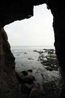 Foto, materiell, befreit, Landschaft, Bild, hat Foto auf Lager,Der erste Enoshima Iwaya, felsige Stelle, Strand, Klippe, Hhle