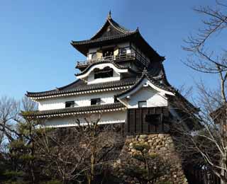 Foto, materiell, befreit, Landschaft, Bild, hat Foto auf Lager,Das Inuyama-jo Burgburgturm, weie Kaiserliche Burg, Etsu Kanayama, Burg, 