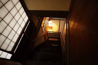 Foto, materiell, befreit, Landschaft, Bild, hat Foto auf Lager,Eine Person des Meiji-mura Village Museum Ostkiefernhaus, das Bauen vom Meiji, shoji, Licht, Treppe