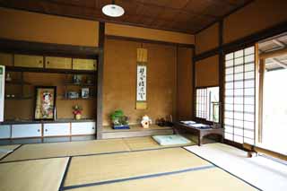 Foto, materieel, vrij, landschap, schilderstuk, bevoorraden foto,Meiji-mura Village Museum Rohan Kouda huis [een huisjesslak Hermitage], Tokonoma, Tatami schaakmat, Hangende rol, Cultureel heritage
