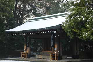 Foto, materiell, befreit, Landschaft, Bild, hat Foto auf Lager,Der Meiji Shrine Einrichtungen, Der Kaiser, Schintoistischer Schrein, torii, Schnee